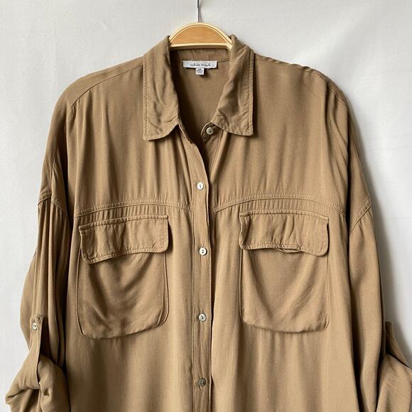 White Birch Frayed Hem Utility Shirt Women M Mushroom Tan Quiet Luxury Button Up - Picture 3 of 11